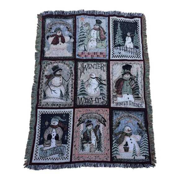 Snowman Winter Tapestry Throw Blanket 58" X 41" Woven Fringed Edges Christmas De - Picture 1 of 11